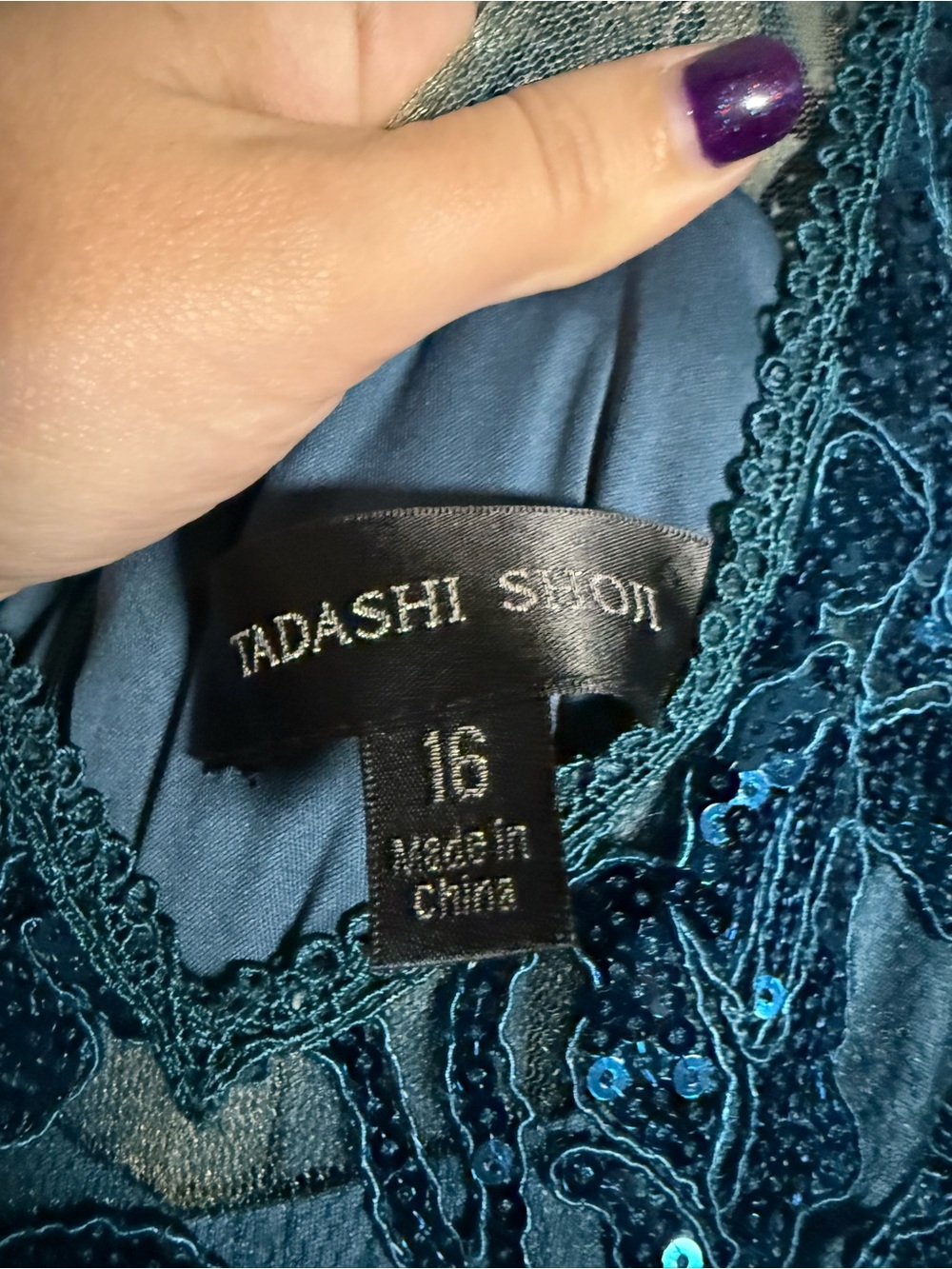 Tadashi Shoji Teal Blue Lace & Sequin V-Neck Evening Gown re-posh - Picture 4 of 9